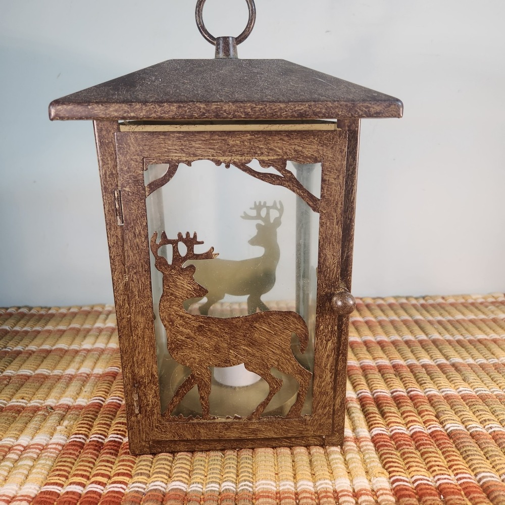 Rustic Deer Metal Lantern Candle Holder Woodland Cabin Lodge Decor Faux Rust...
